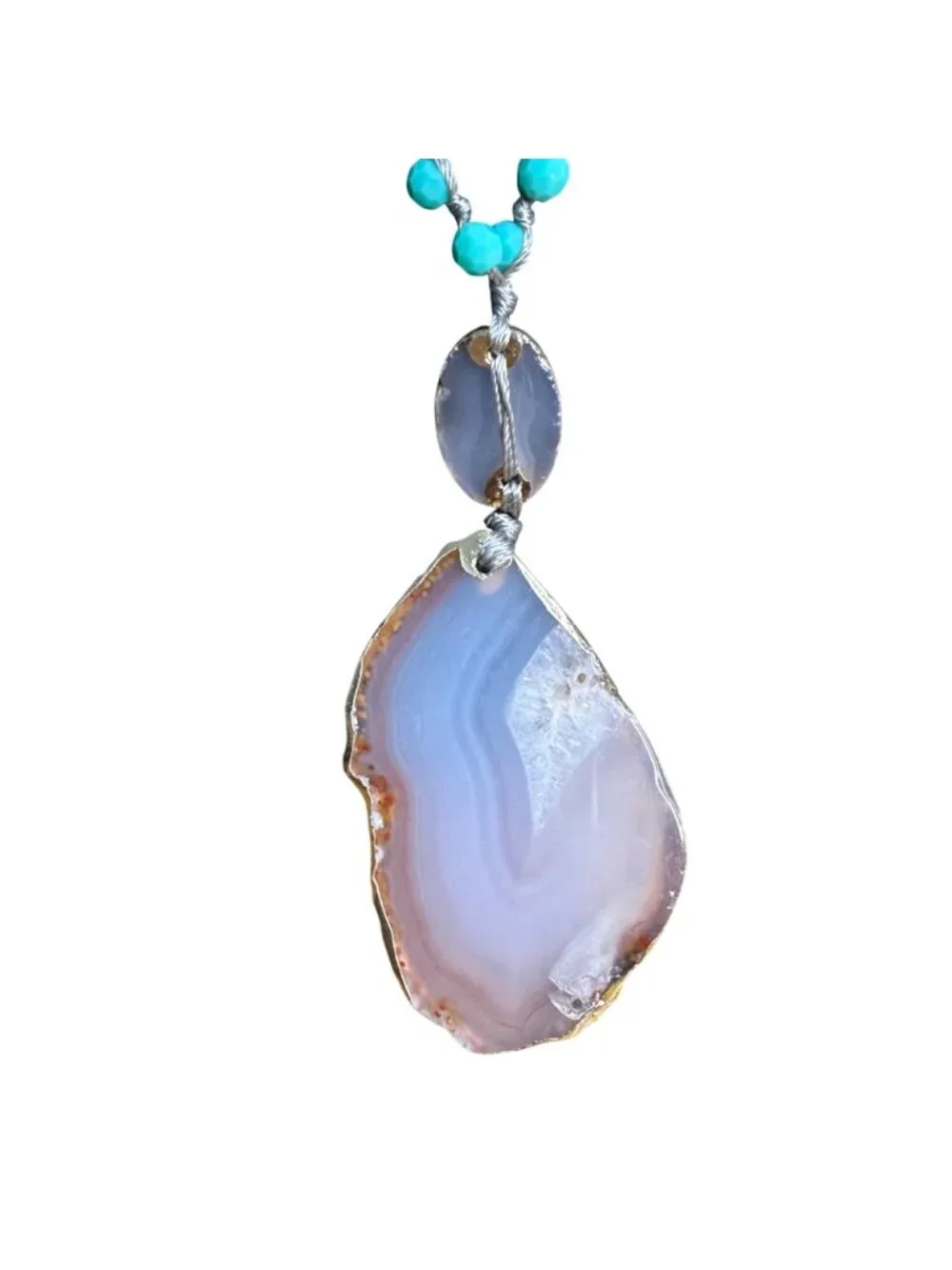Necklace Purple Agate Pendant Blue Faceted Beads Hand Knotted Cord 36 inches